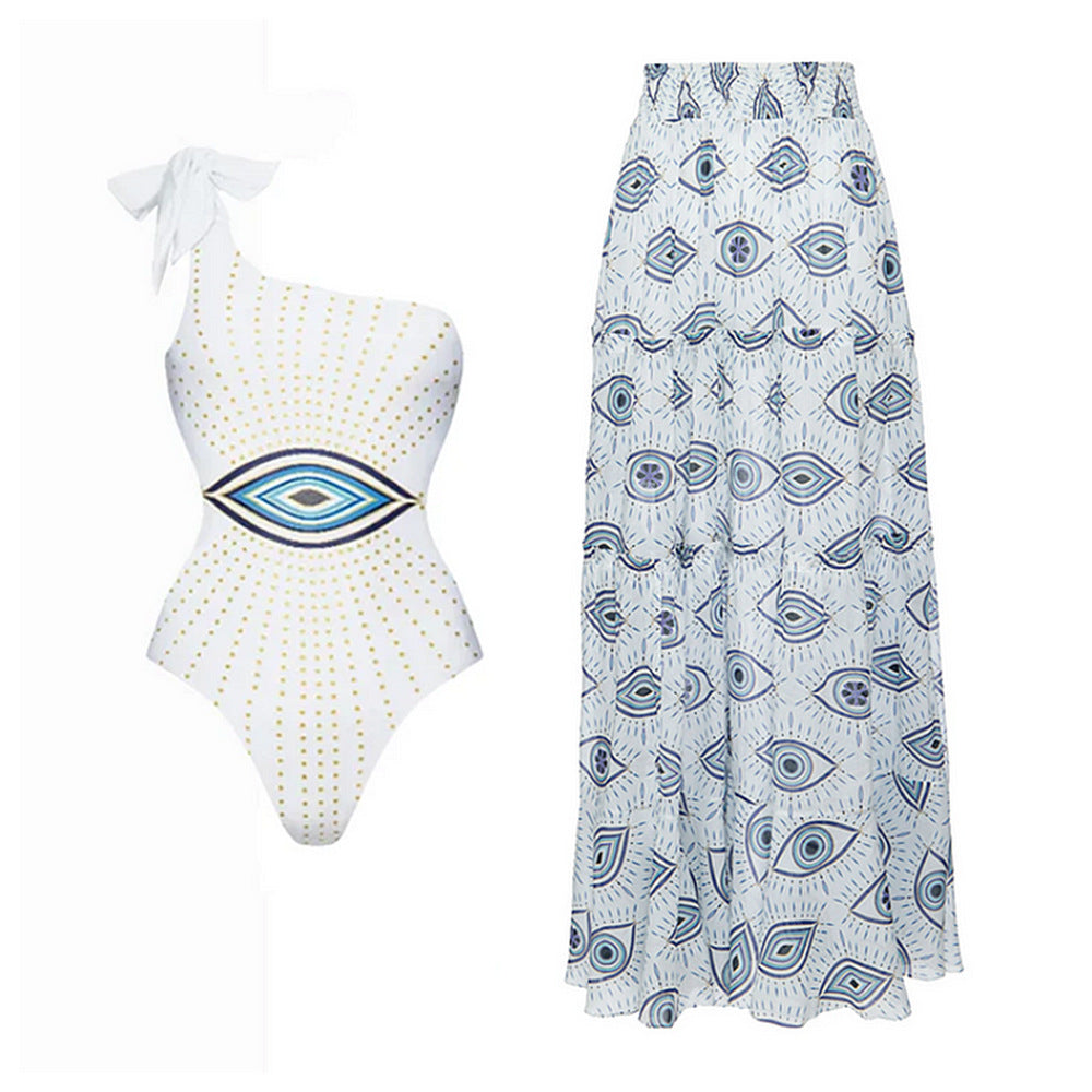 Bow Single Shoulder One-piece Dress-style Swimwear