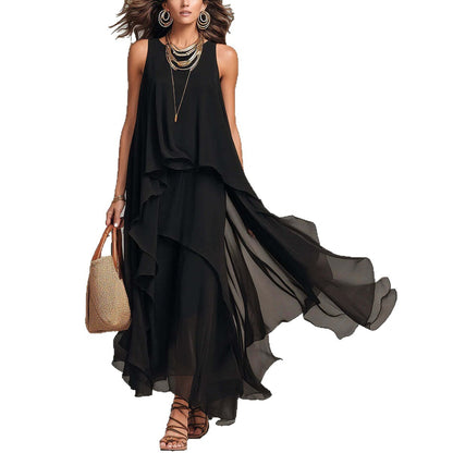 Chiffon Long Dress | Black, Sleeveless, A-line