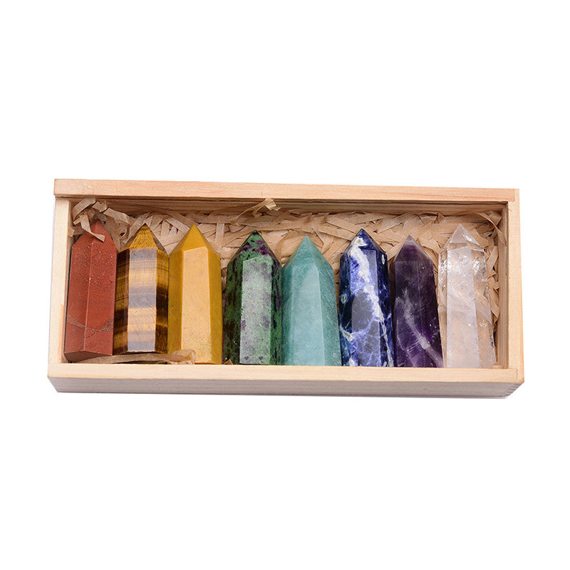 Natural Crystal Single Pointed Column Set White Crystal Pink Crystal Eight-Color Wooden Box Set