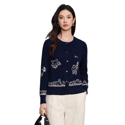 Wool Embroidered Cardigan Sweater | Gray, Dark Blue
