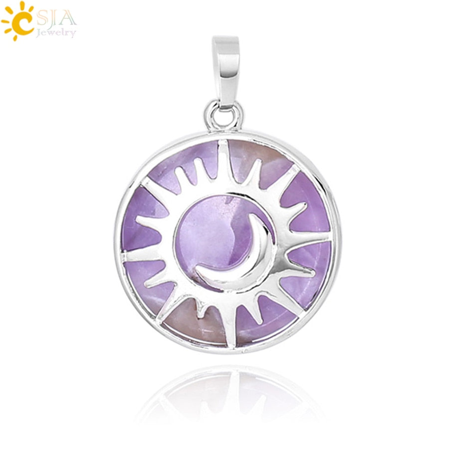 CSJA Sun & Moon Pendant Reiki Healing Natural Stone Purple White Crystal Quartz Beads for Jewelry Making Necklace
