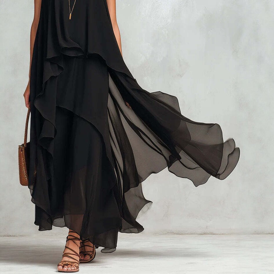 Chic Flowy Black Sleeveless Asymmetrical Chiffon Long Dress