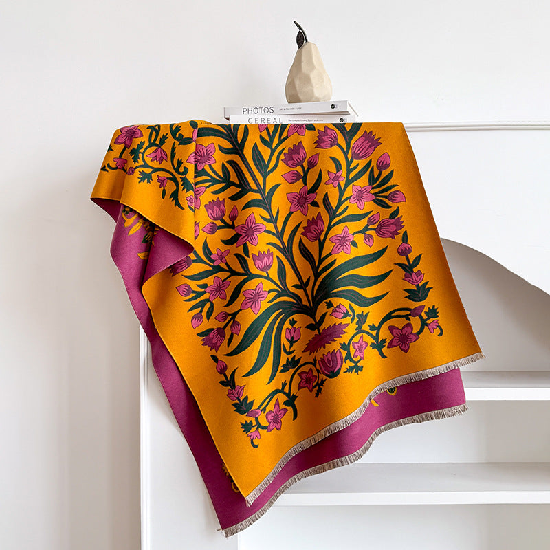 185x65cm Vintage Floral Faux Cashmere Scarf for Women, Thick Warm Neck Wrap
