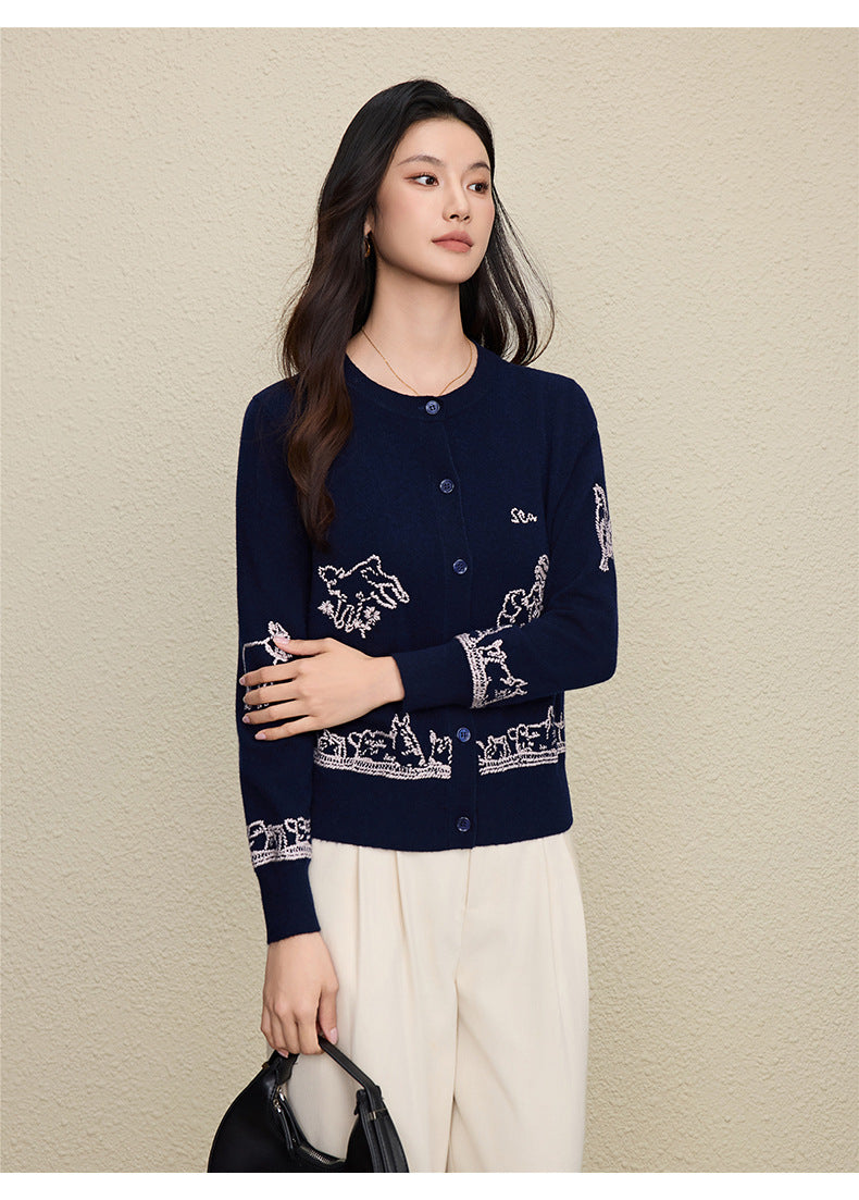 Wool Embroidered Cardigan Sweater | Gray, Dark Blue