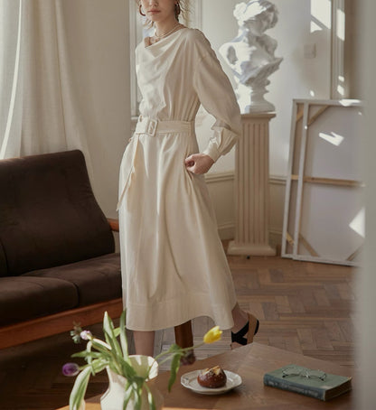 Linen Dress | Bamboo Texture, Beige, Mid-Length