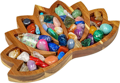 Pine Wood Tray | Crystal Stone Lotus Shape, 27x17x2.5CM