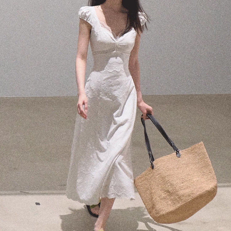 Bohemian Style Cotton Hollow Embroidery Resort Tea Dress with Floral Pattern