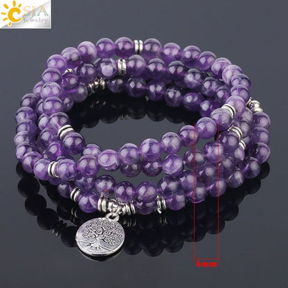 Natural Stone Healing Bracelet | Purple Crystal, 108 Mala Beads