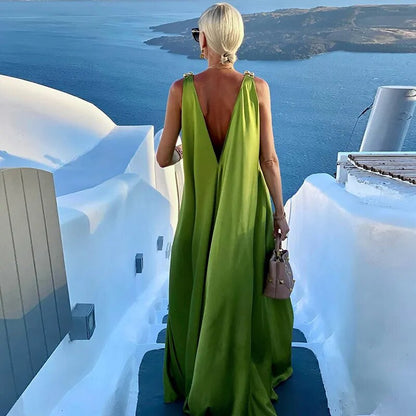 Polyester Maxi Party Dress | V-Neck, Backless, Sleeveless