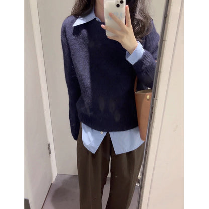 Cotton Round Neck Sweater | Pink & Navy, Loose Fit