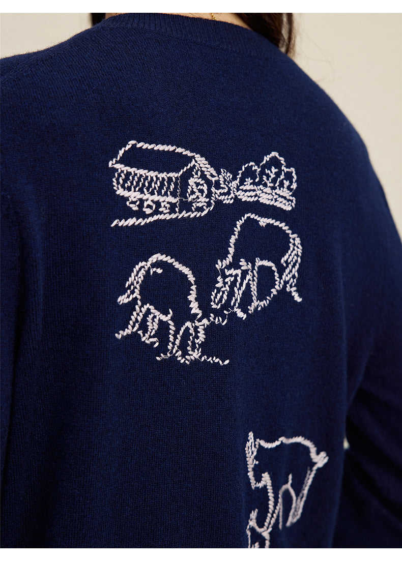 Wool Embroidered Cardigan Sweater | Gray, Dark Blue