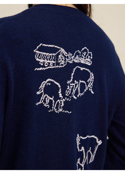 Wool Embroidered Cardigan Sweater | Gray, Dark Blue
