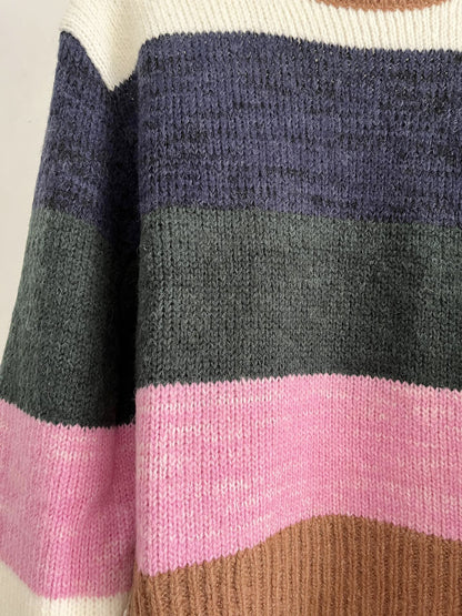 Cotton Round Neck Sweater | Pink & Navy, Loose Fit