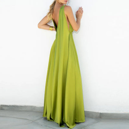 Polyester Maxi Party Dress | V-Neck, Backless, Sleeveless