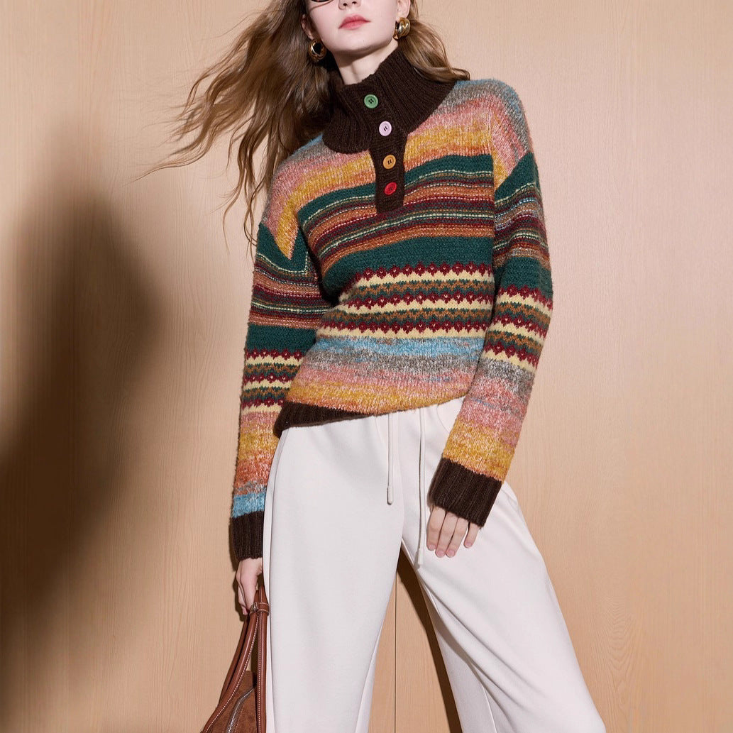 Cream Knit Sweater Rainbow Stripe Polo Collar Wool Sweater for Women