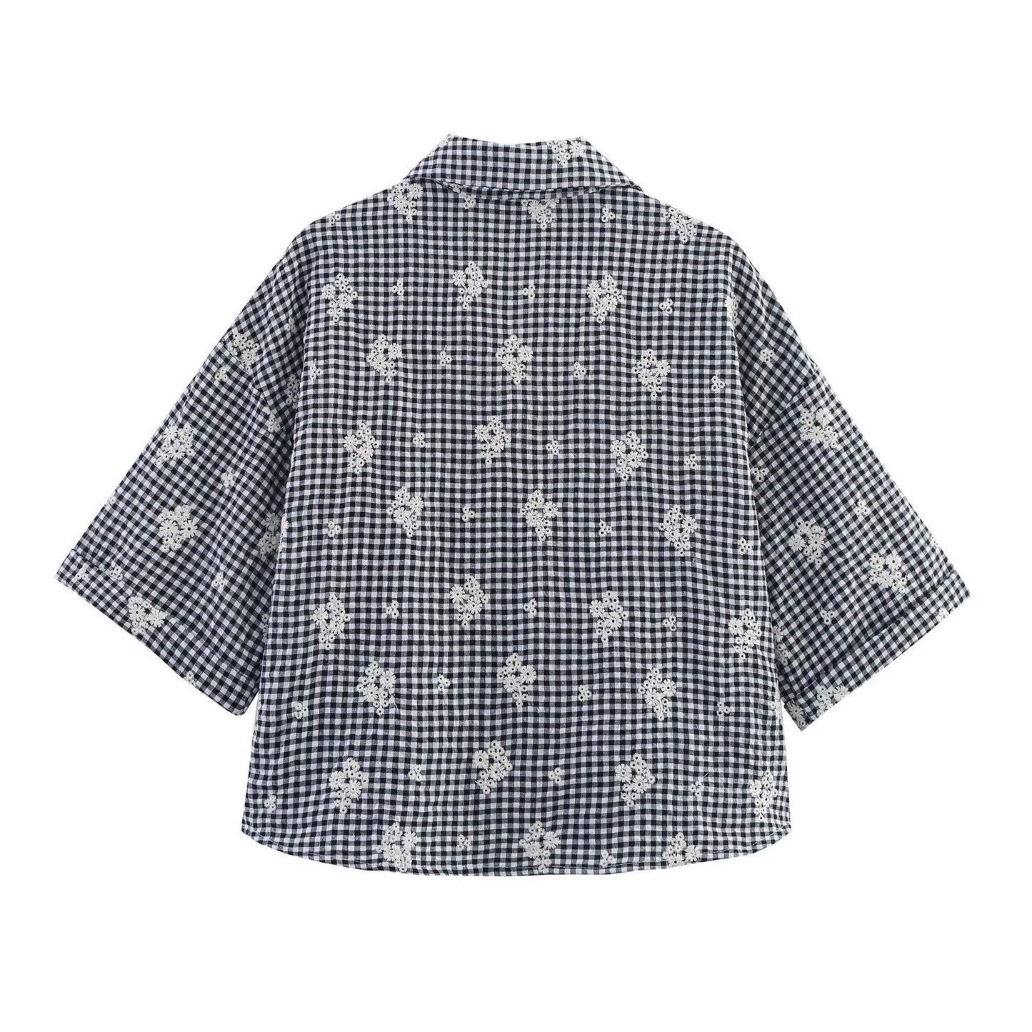 Polyester Plaid Set | Embroidered Shirt & Wide Leg Pants