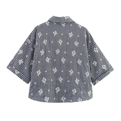 Polyester Plaid Set | Embroidered Shirt & Wide Leg Pants