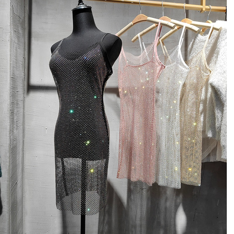 Bungee Sexy Slim Slim Women's Summer New Bright Diamond Crystal Temperament Bag Hip Sling Mid-length Dress Fashion Trend