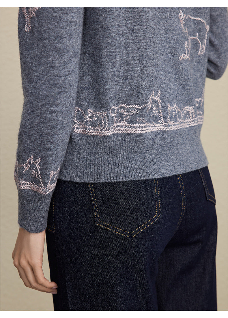 Wool Embroidered Cardigan Sweater | Gray, Dark Blue