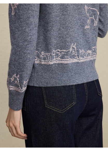 Wool Embroidered Cardigan Sweater | Gray, Dark Blue