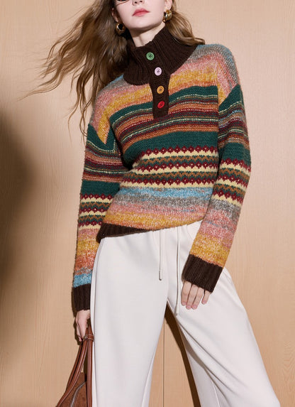 Polyester Knit Sweater | Cream, Rainbow Stripe, Polo Collar