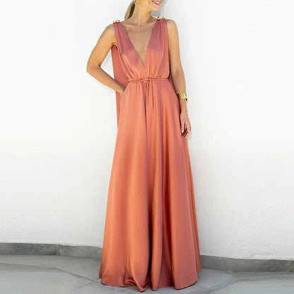 Polyester Maxi Party Dress | V-Neck, Backless, Sleeveless