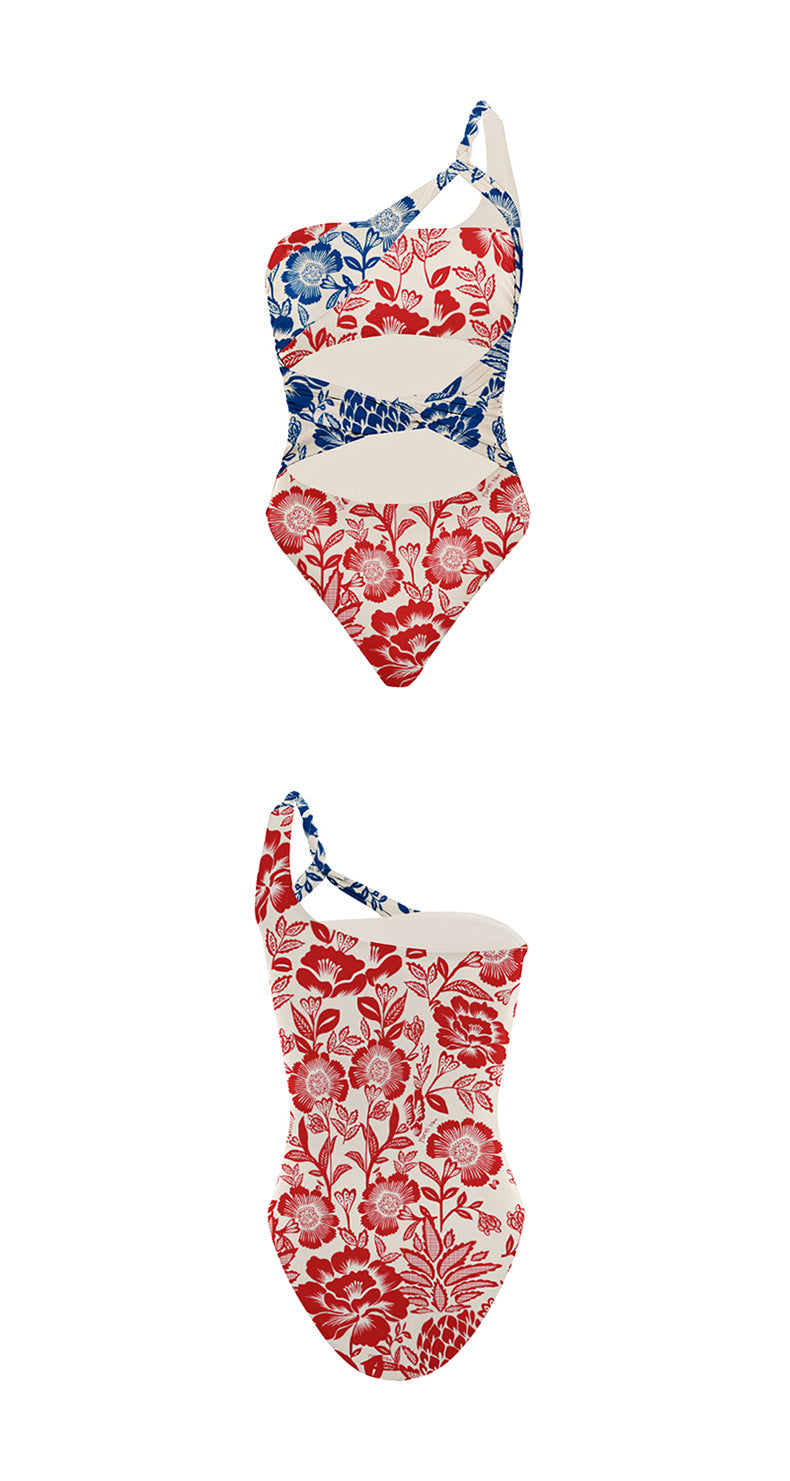 Polyester One-Piece Swimsuit | Red, Floral, Adult