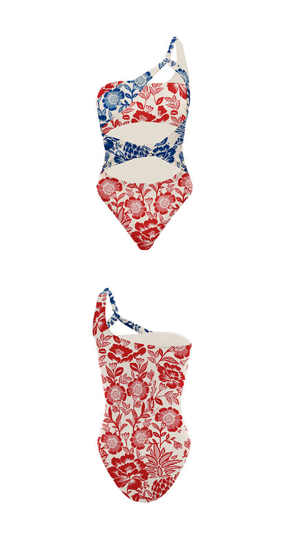 Polyester One-Piece Swimsuit | Red, Floral, Adult