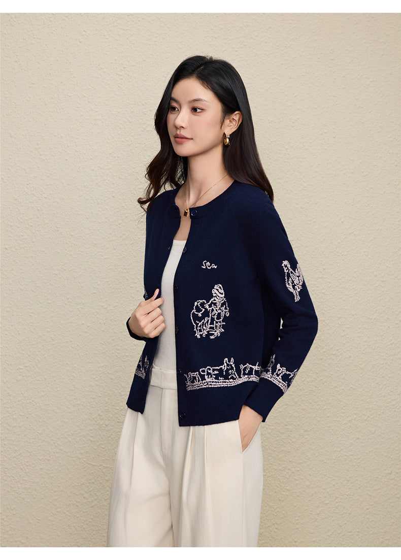 Wool Embroidered Cardigan Sweater | Gray, Dark Blue