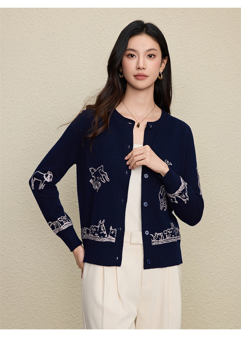Wool Embroidered Cardigan Sweater | Gray, Dark Blue