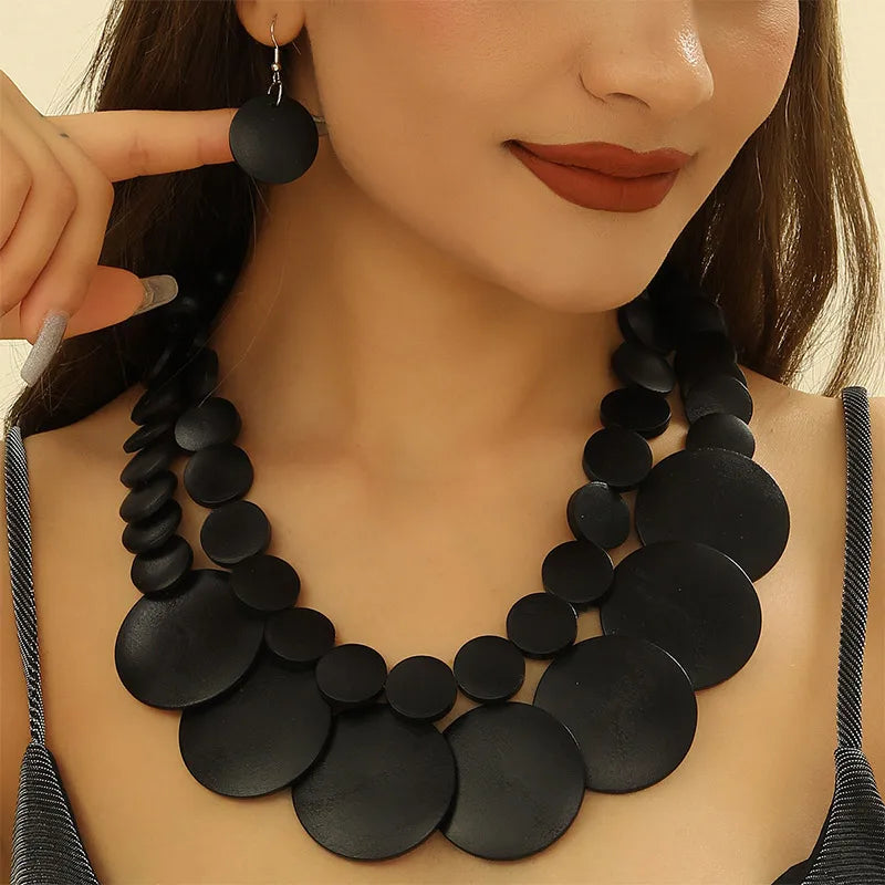 Wood Necklace Earrings Set | Big Colorful, Boho Style