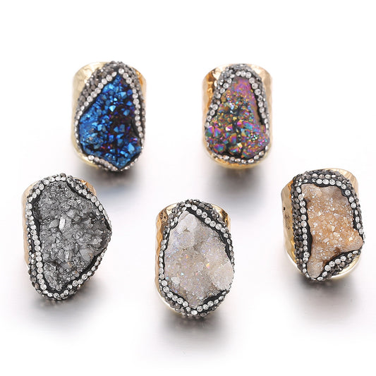 Irregular natural crystal cluster ring, original stone crystal set with diamonds, natural stone gold-plated handmade jewelry