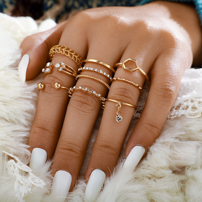 Geometric Crystal Stone Rings Set | Gold Chain, 8pcs