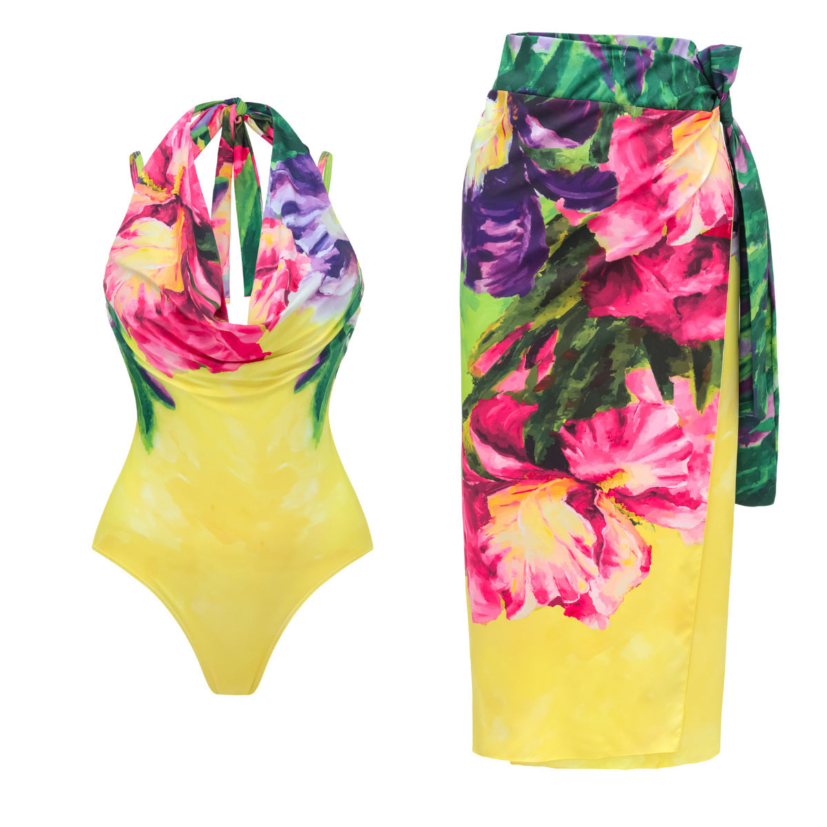 Bright Yellow Printed Vacation One-Piece Swimsuit Set for Women