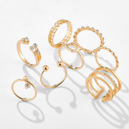 Geometric Crystal Stone Rings Set | Gold Chain, 8pcs
