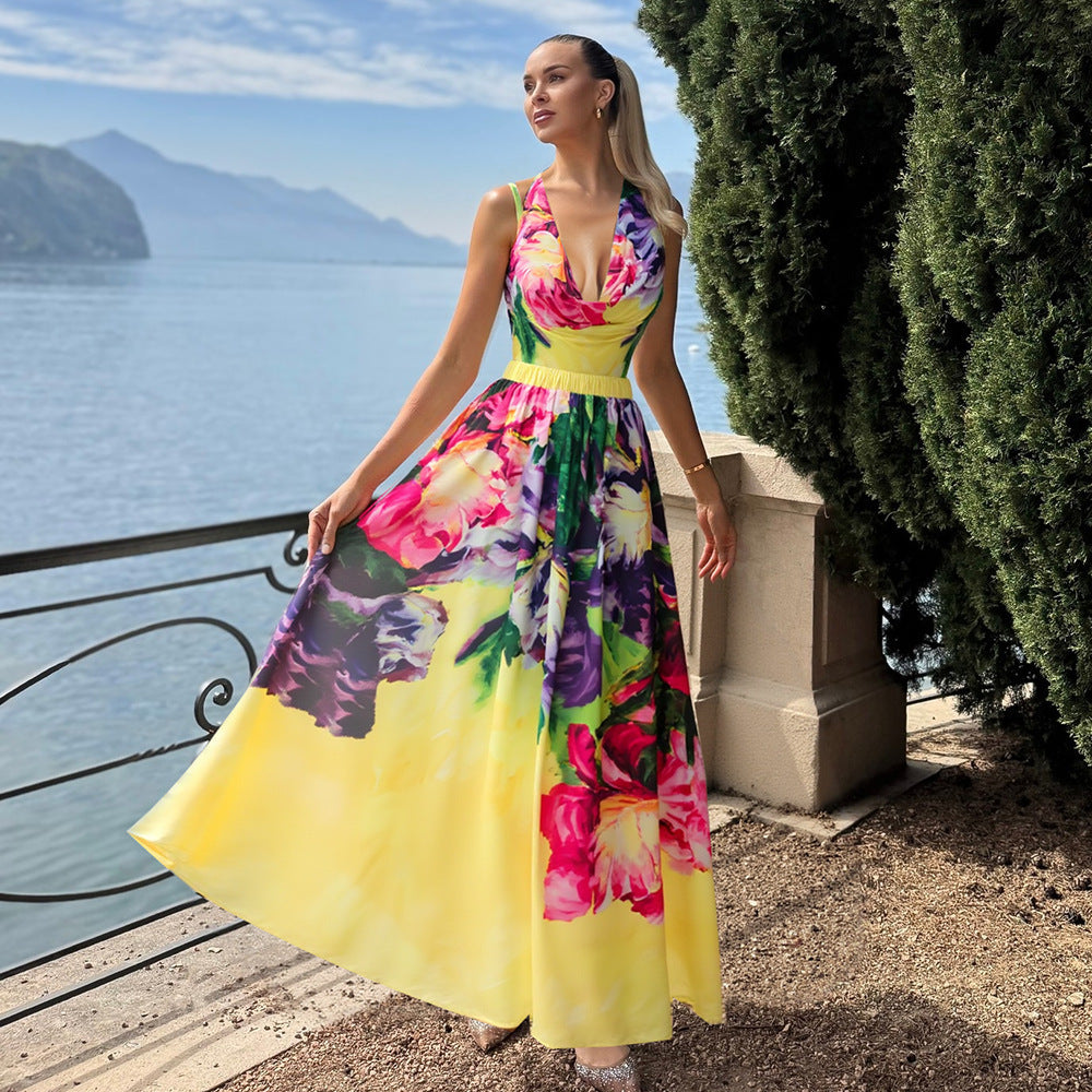 Bright Yellow Printed Vacation One-Piece Swimsuit Set for Women