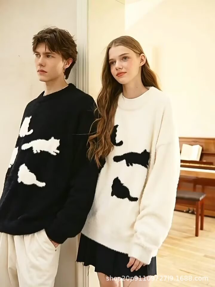 Acrylic Cat Silhouette Sweater | Apricot, Black, M-3XL