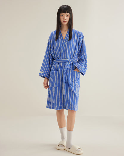 Cotton Terrycloth Bathrobe | Striped, Blue & White, S-XL