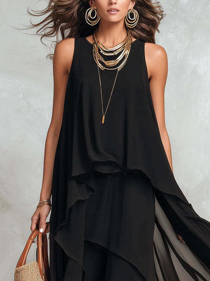 Chiffon Long Dress | Black, Sleeveless, A-line
