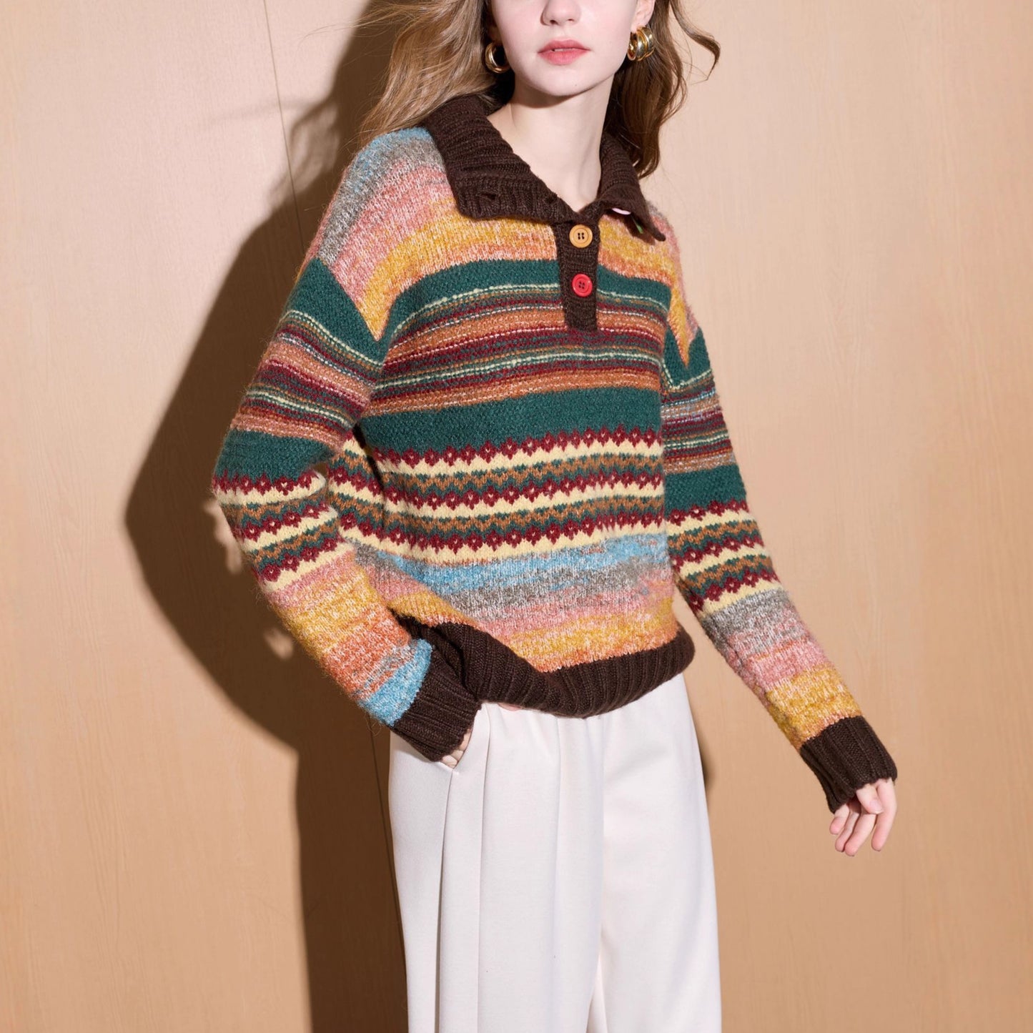 Cream Knit Sweater Rainbow Stripe Polo Collar Wool Sweater for Women
