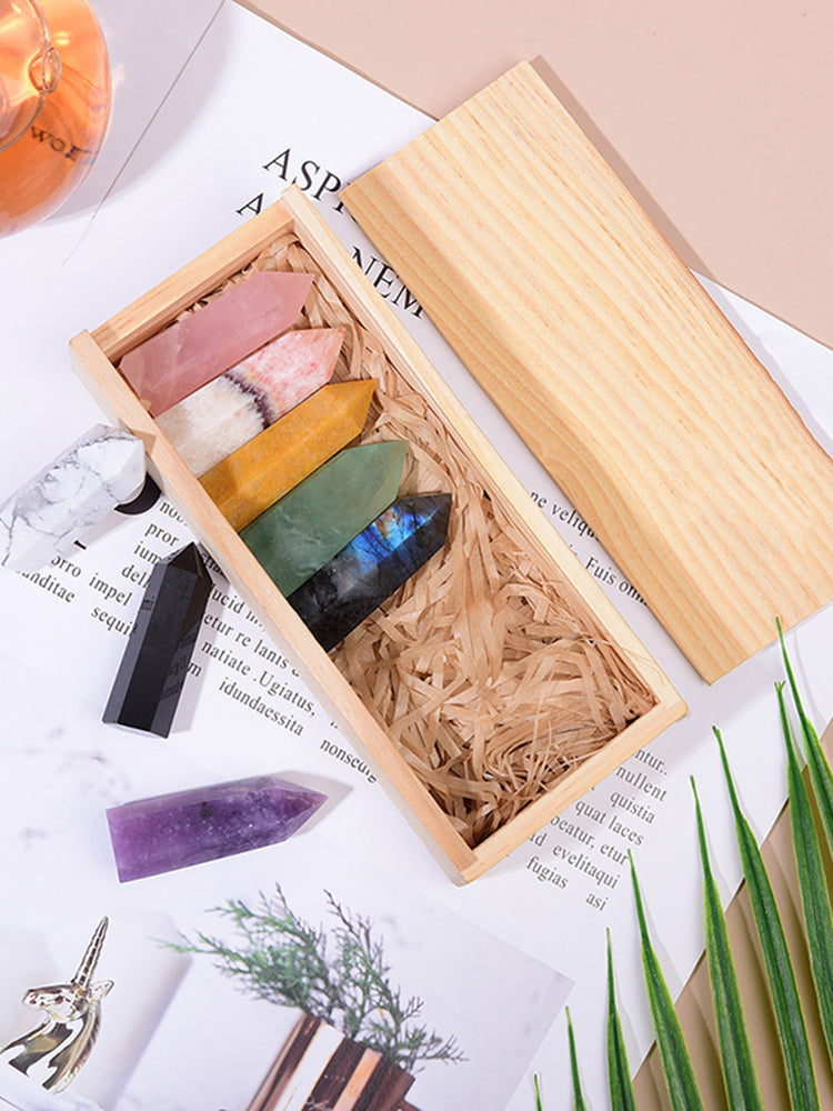 Natural Crystal Single Pointed Column Set White Crystal Pink Crystal Eight-Color Wooden Box Set