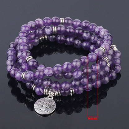Natural Stone Healing Bracelet | Purple Crystal, 108 Mala Beads