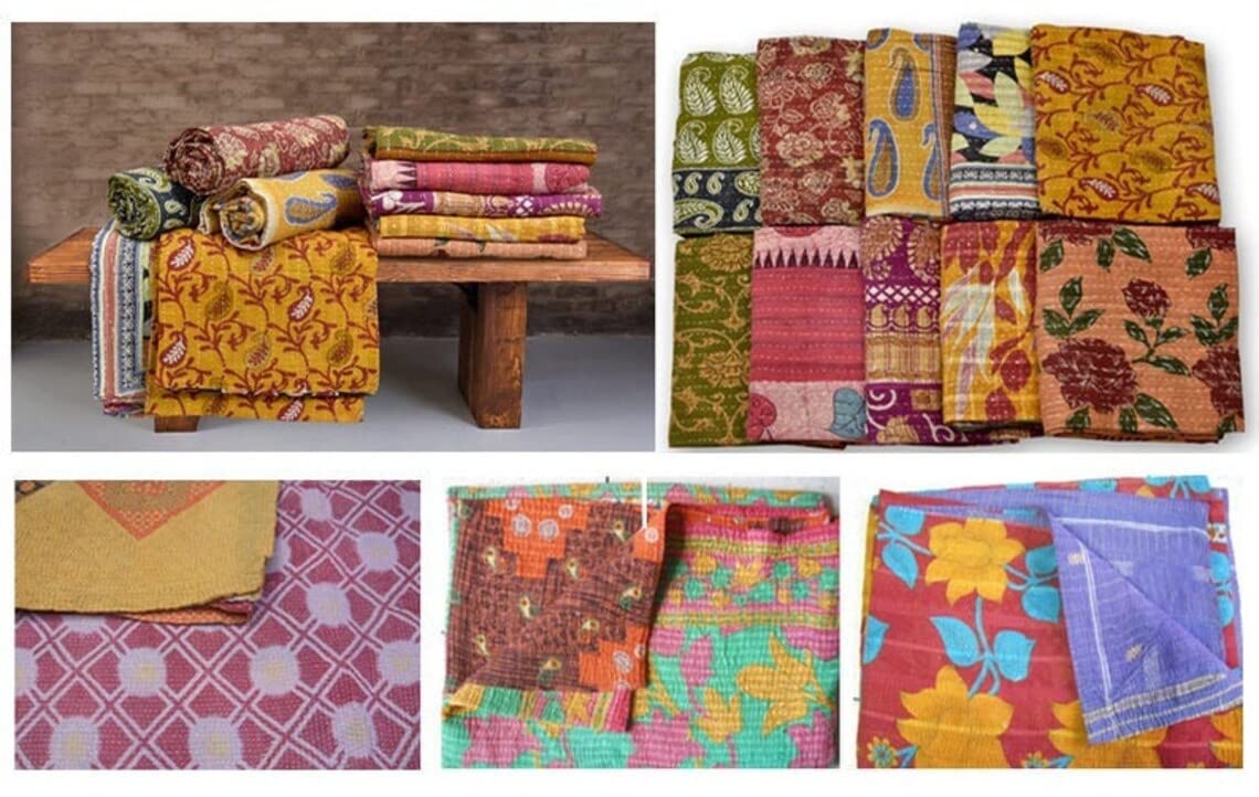 Vintage Kantha Quilts Handmade Old Saree Made gudari Boho Bedding Throw Blanket Bedspread Rally