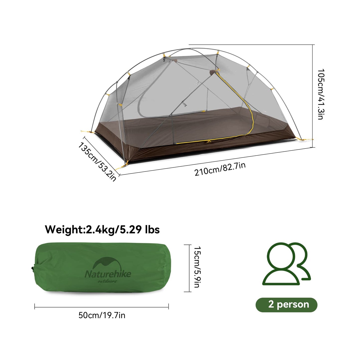 Naturehike Mongar 2-Person 3-Season Backpacking Tent Lightweight Waterproof Double Layer Easy Setup Camping Hiking Tent with Footprint