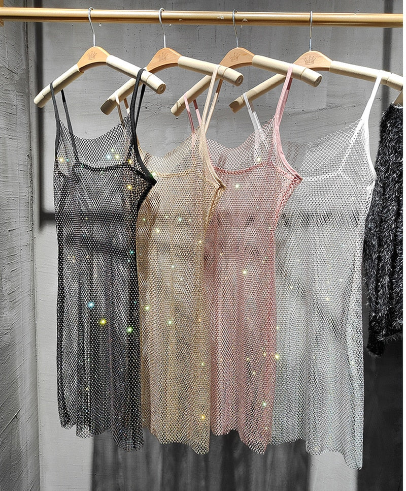 Bungee Sexy Slim Slim Women's Summer New Bright Diamond Crystal Temperament Bag Hip Sling Mid-length Dress Fashion Trend