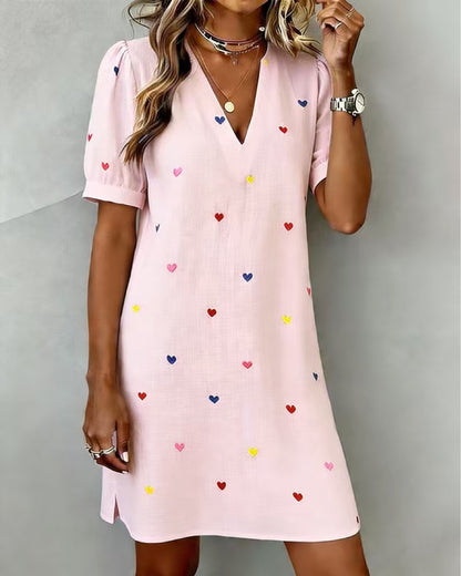 Linen-Cotton Dress | V-Neck, Love Heart Print, Mid-Length