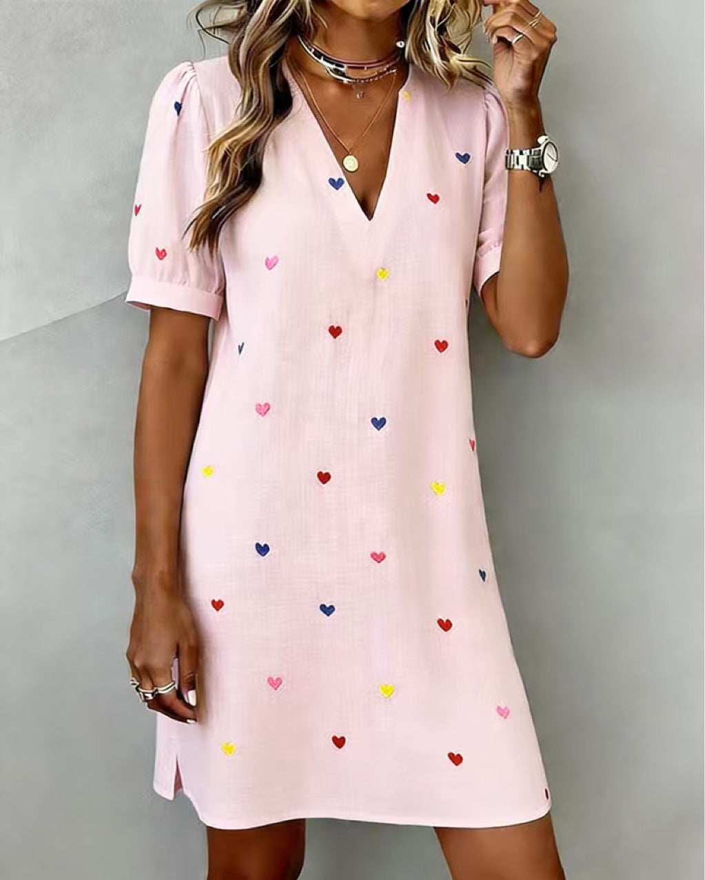 Linen-Cotton Dress | V-Neck, Love Heart Print, Mid-Length