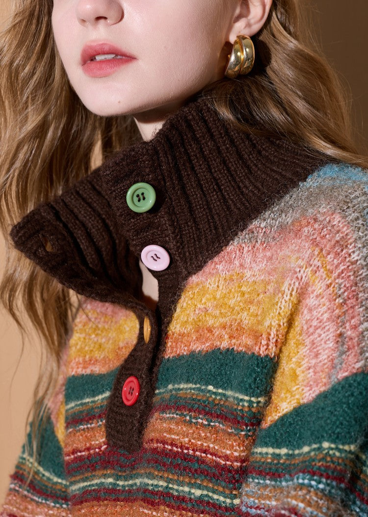 Cream Knit Sweater Rainbow Stripe Polo Collar Wool Sweater for Women