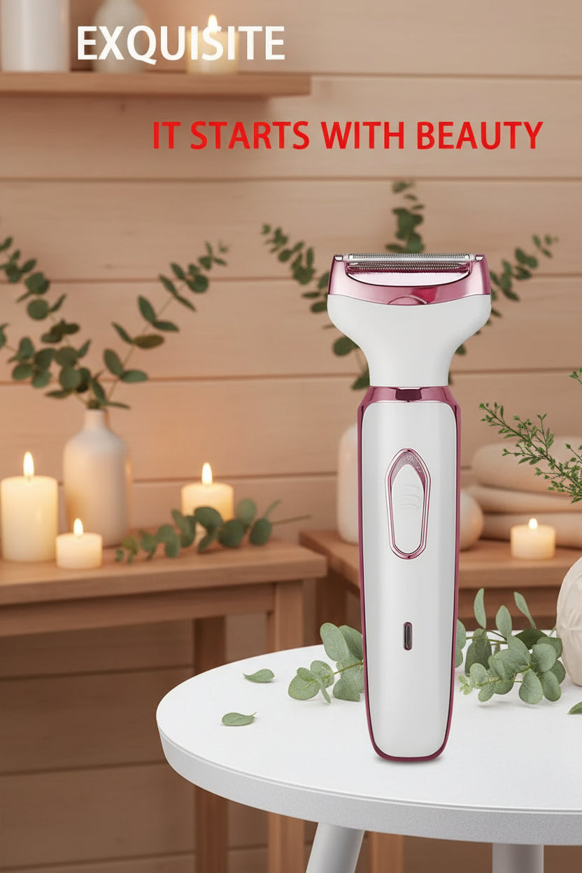 White and red electric shaver on a white table with a pink background and green leaf.