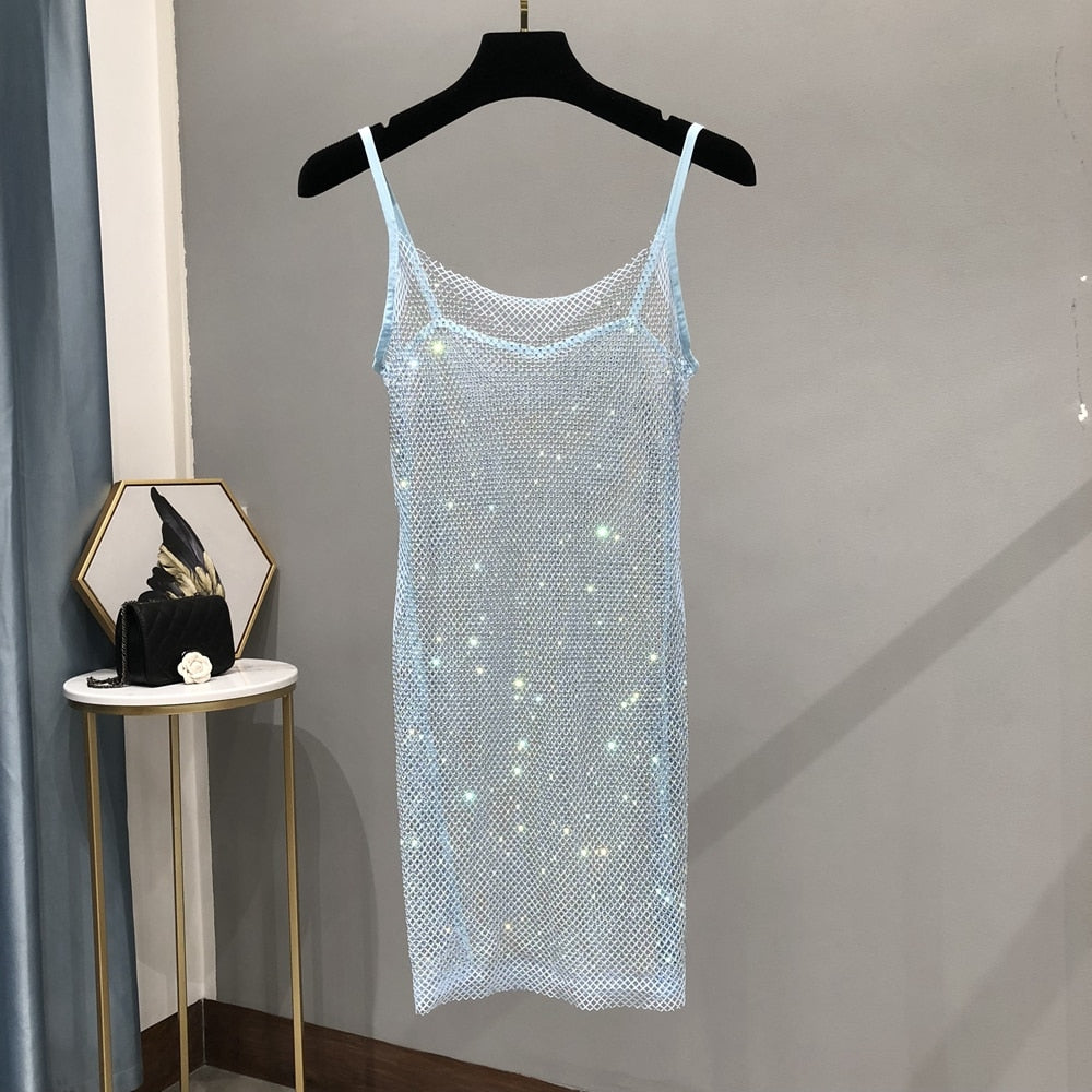 Bungee Sexy Slim Slim Women's Summer New Bright Diamond Crystal Temperament Bag Hip Sling Mid-length Dress Fashion Trend